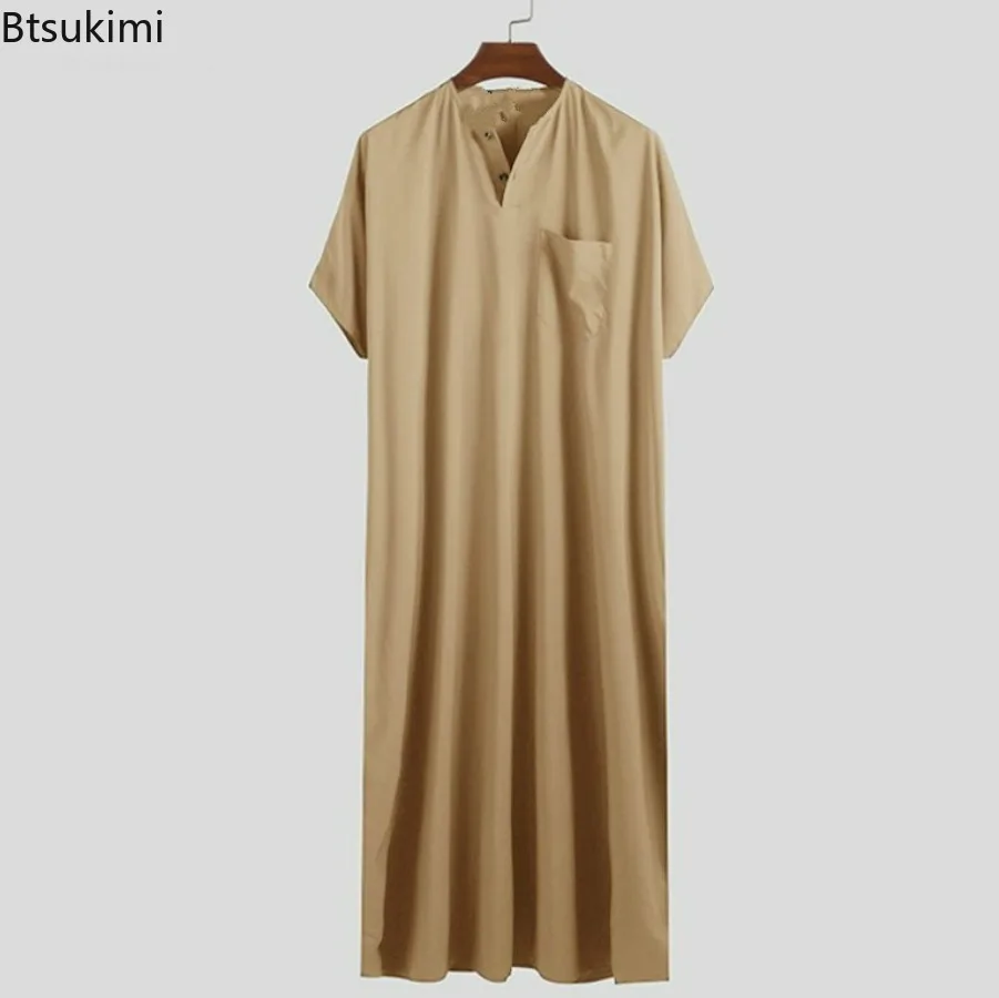 New 2024 Men Islamic Arabic Kaftan Vintage Solid Short Sleeve Loose Retro Robes Abaya Dubai Middle East Muslim Clothing S-5XL