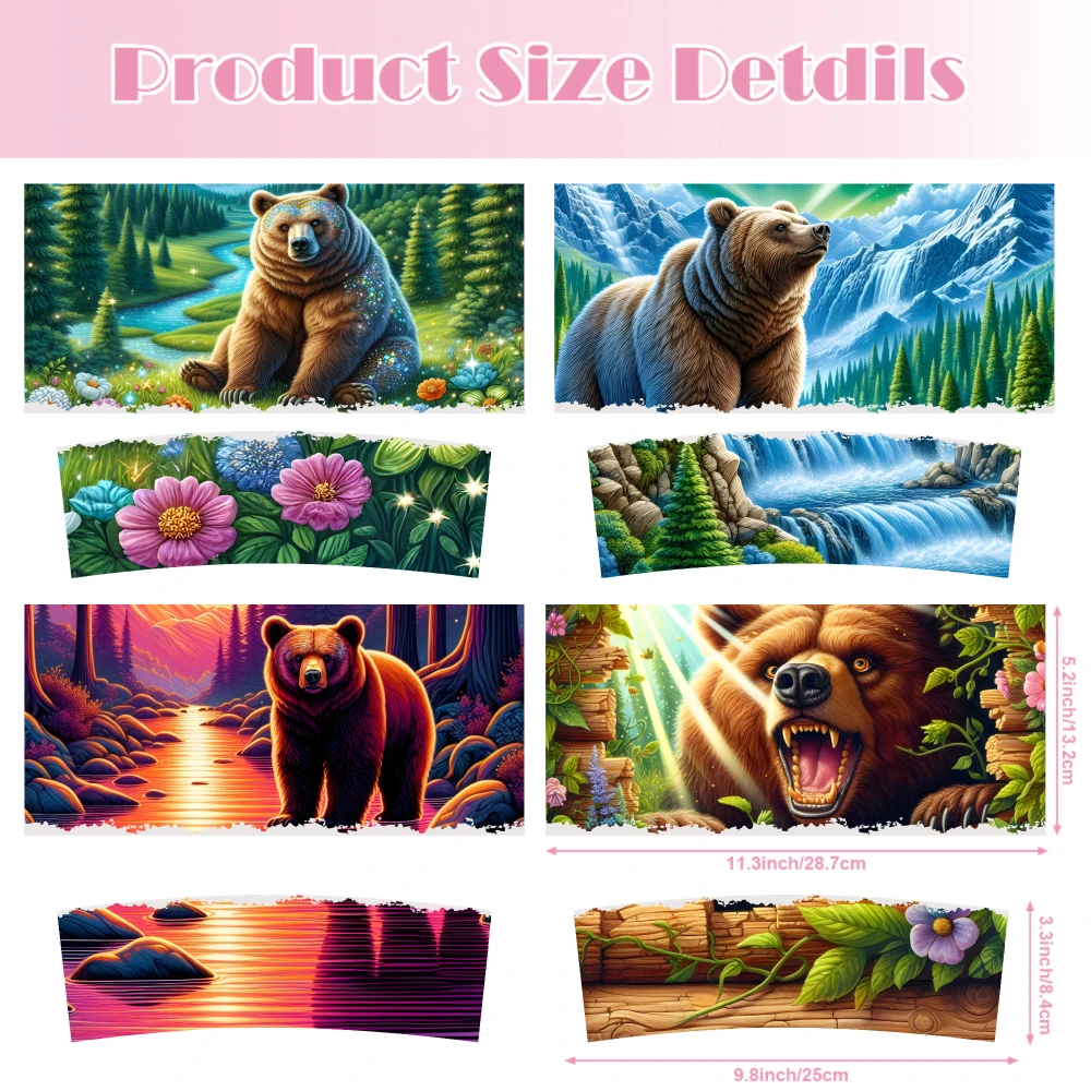 4 Sheets Bear Forest River Flower Mountain Waterfall Tree Sunlight UV DTF Stickers for 40oz Tumblers Decorative Vinyl Transfer