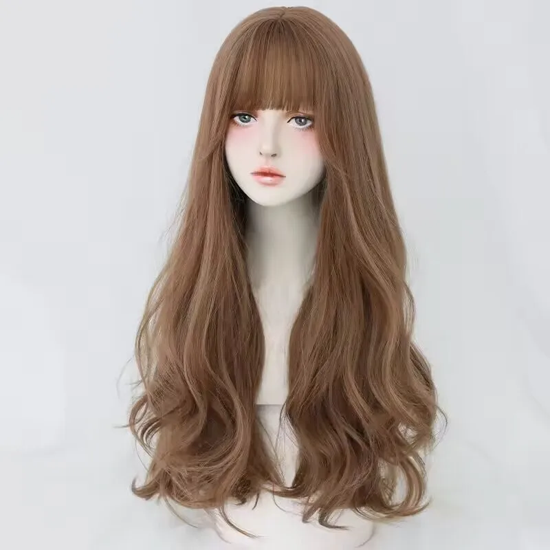 

Honey Brown Wigs with Neat Bangs High Density Synthetic Loose Brown Hair Wig