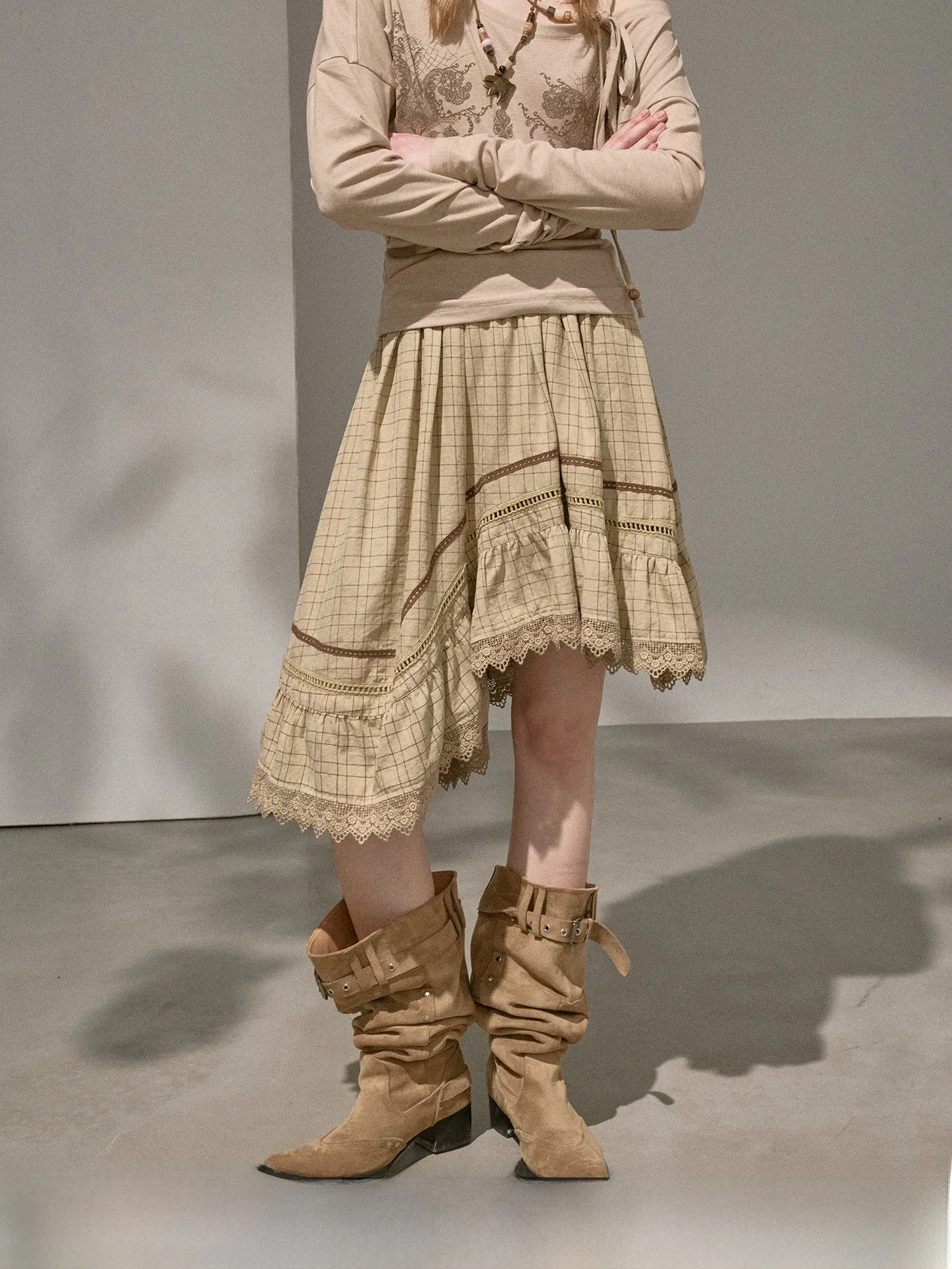 

DIDDI MODA Original Design Irregular Wave Splicing Cheered Midi Skirt Casual Sle Women's mid Waist Patchwork Skirt