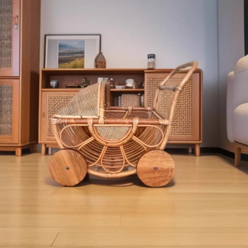 Vintage Rattan Baby Stroller Handwoven Bamboo Doll Pram Carriage Antique Style Baby Shower Gift Kids Nursery Decor Ornament