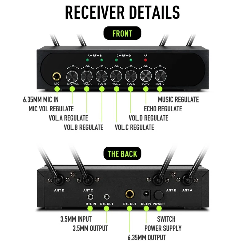 Adjustable Four-Channel Wireless Microphone SystemUHF Metal Handheld Wireless Microphones Cordless Mics Professional for Karaoke