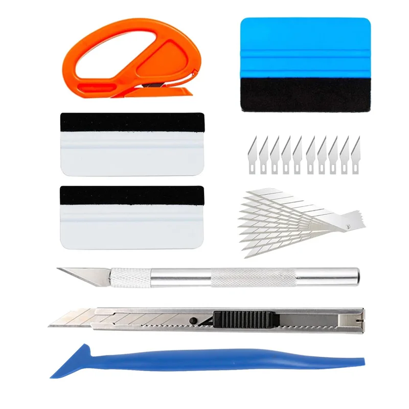 Kit de matiz de janela, espátula de embrulho, ferramenta de folha, kit de envoltório de vinil para carro, mini rodo de feltro, faca e lâminas, micro rodo de canto