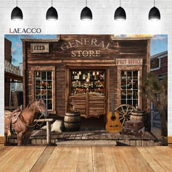 Laeacco Western General Store Photography Backdrop Wild West Town Rustic Post Office Horse Country Cowboy Birthday Background