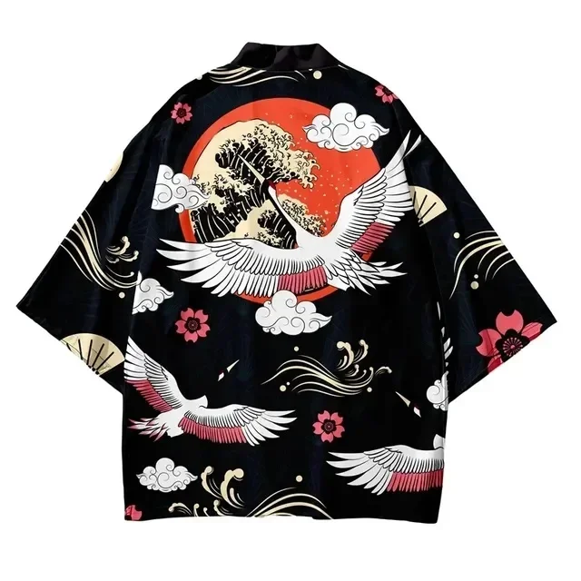 Fashion Unisex Japanese Crane Wave Sakura Haori Kimono Cardigan 1/2 Sleeve Open Front Yukata Summer Casual Coat Tops