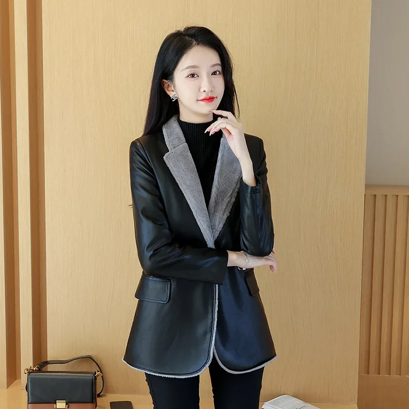 

Autumn Winter Leather Jackets for Women 2023 Elegant Plush Blazer Female Leather Jacket Casual Streetwear Chaquetas Para Mujer