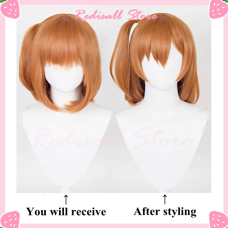 Kousaka Honoka-Laranja Straight Cabelo Cosplay Peruca para Meninas, Rabo de Cavalo, Anime School Idol Role Play Headwear, Cap Free