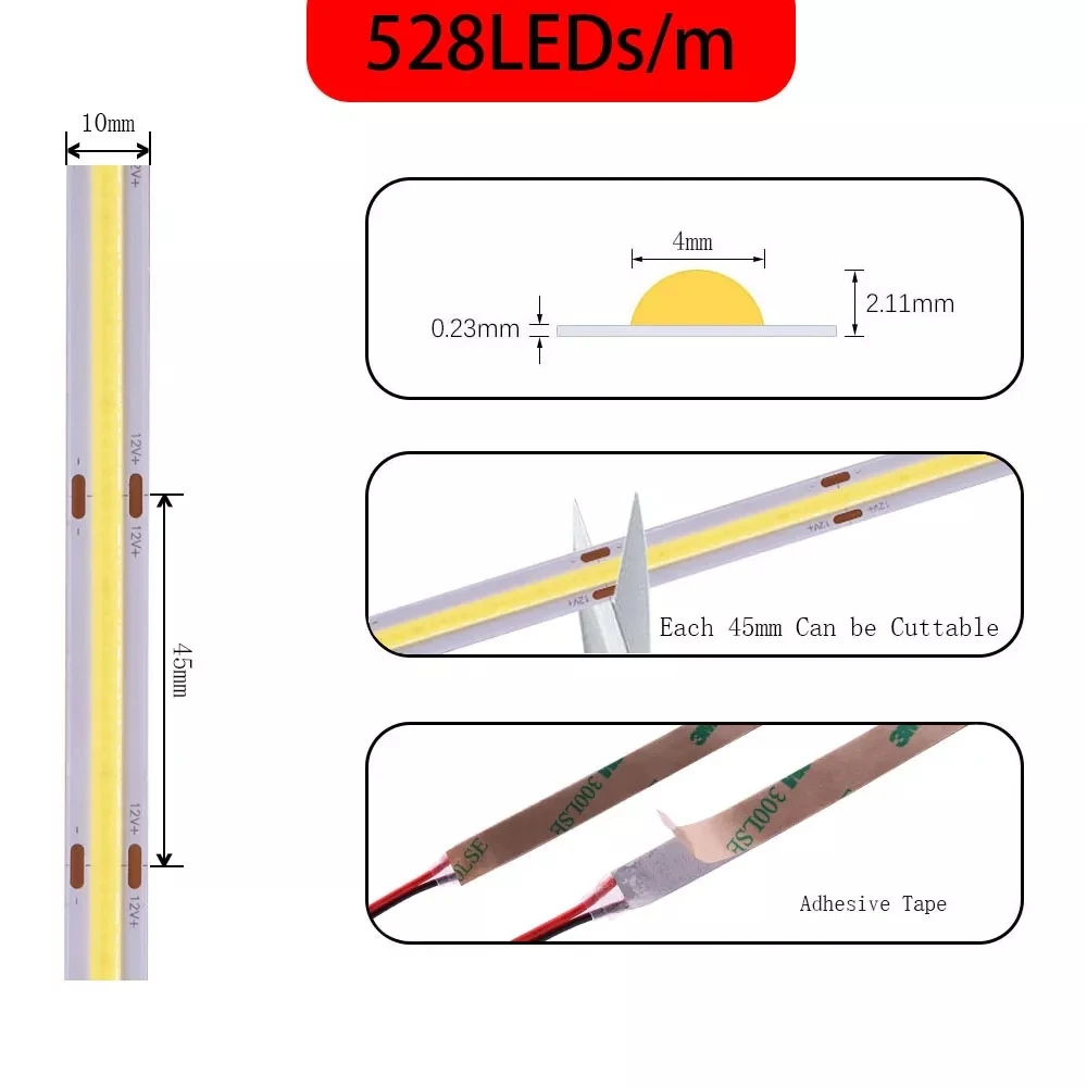 COB LED Strip Light High Density Flexible FOB 8/10mmPCB 480/528LEDs/m Lights Tape White/Red/Green/Blue Linear Dimmable DC12V/24V