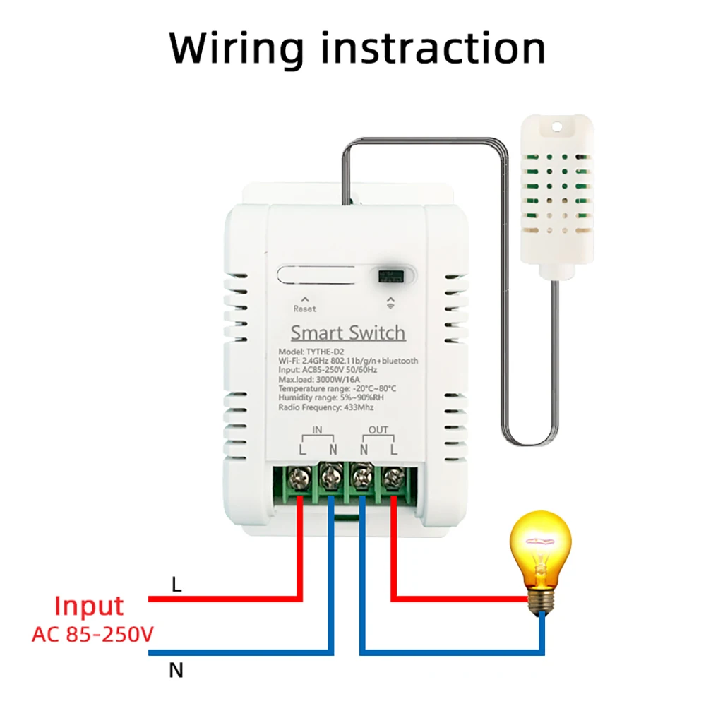 Tuya Smart 85-250V AC 220V WiFi Relay With Temperature Humidity Sensor Switch RF433 Receiver Alexa Alice Compatible