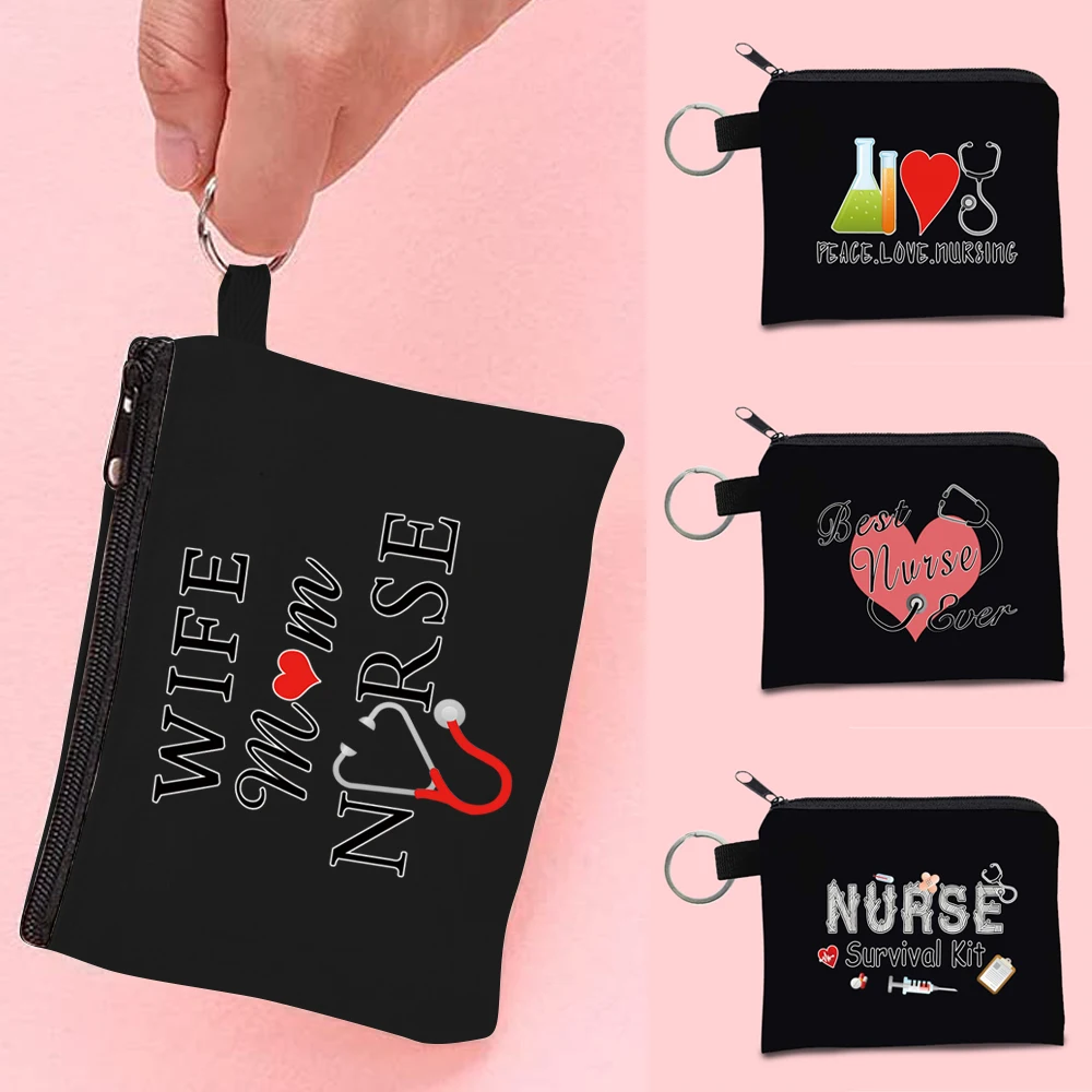 Mini Women Canvas Coin Purses Storage Package Portable Pouch with Headphone Card Key Nurse Pattern Small Wallet Makeup Bag