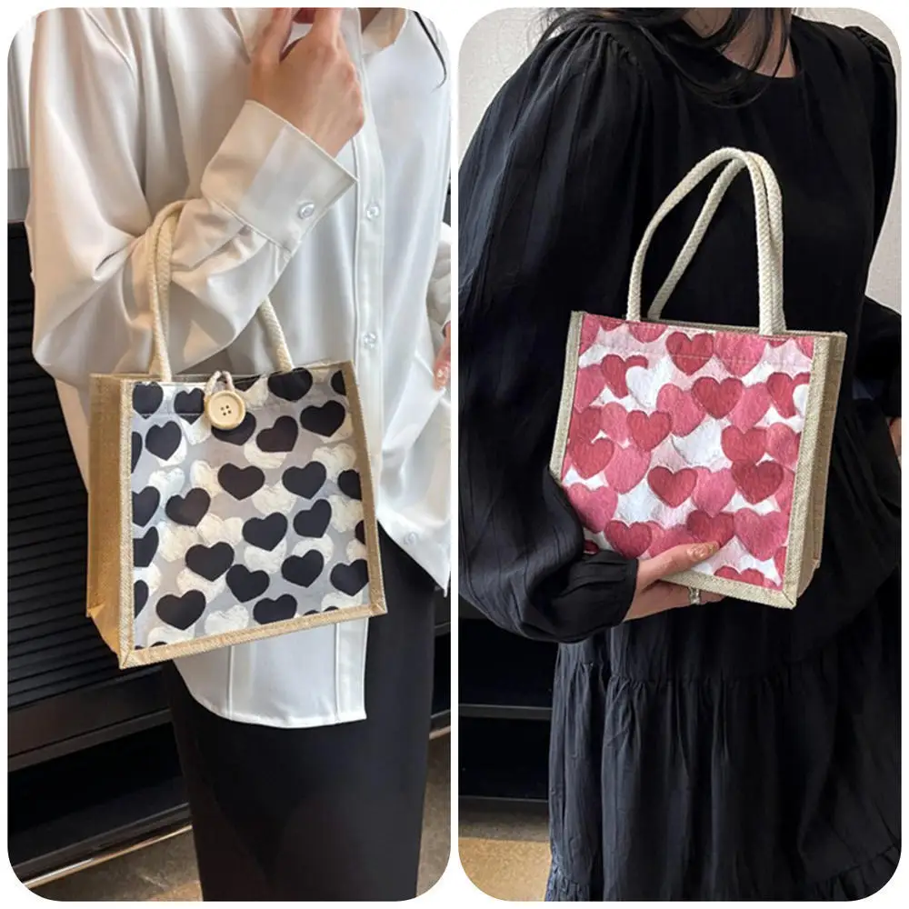 Linen Tote Bag Lunch Pouch Bento Handbag Large Capacity Zipper Button Clasp Love Heart Printing Portable Picnic Food Storage Bag