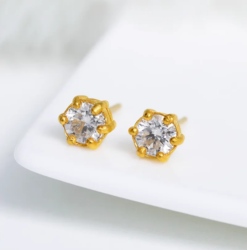 

Pure 24K Yellow Gold Earrings Women 999 Gold Zircon Flower Stud Earrings