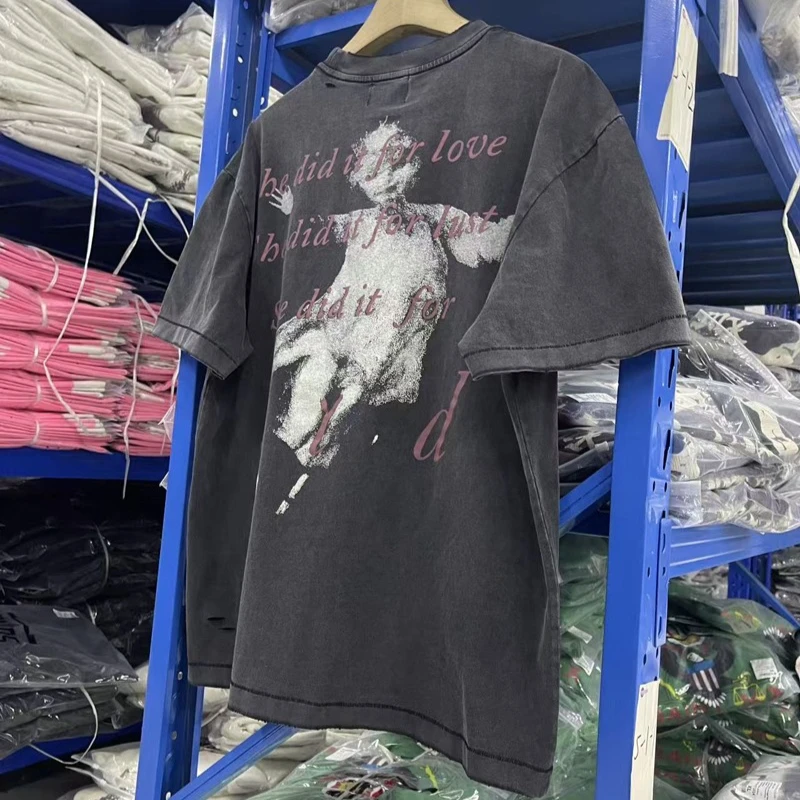 High Street Lonely Happiness Pattern Vintage Washed Retro Distressed Loose Short-sleeved T-shirt for Men Women