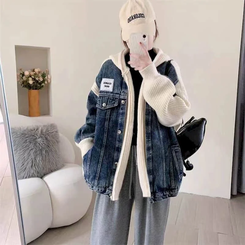 Sweaters Knitted Cardigans for Women Loose Casual Vintage Oversized Denim Patchwork Coats Korean Style Long Sleeved Women Tops