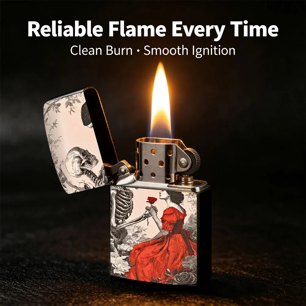 Pocket Lighter, Flip-Open Windproof Design, Metal Case, Red Dress Woman Holding Rose with Skeleton Print, Comfortable Grip, Portable & Durable