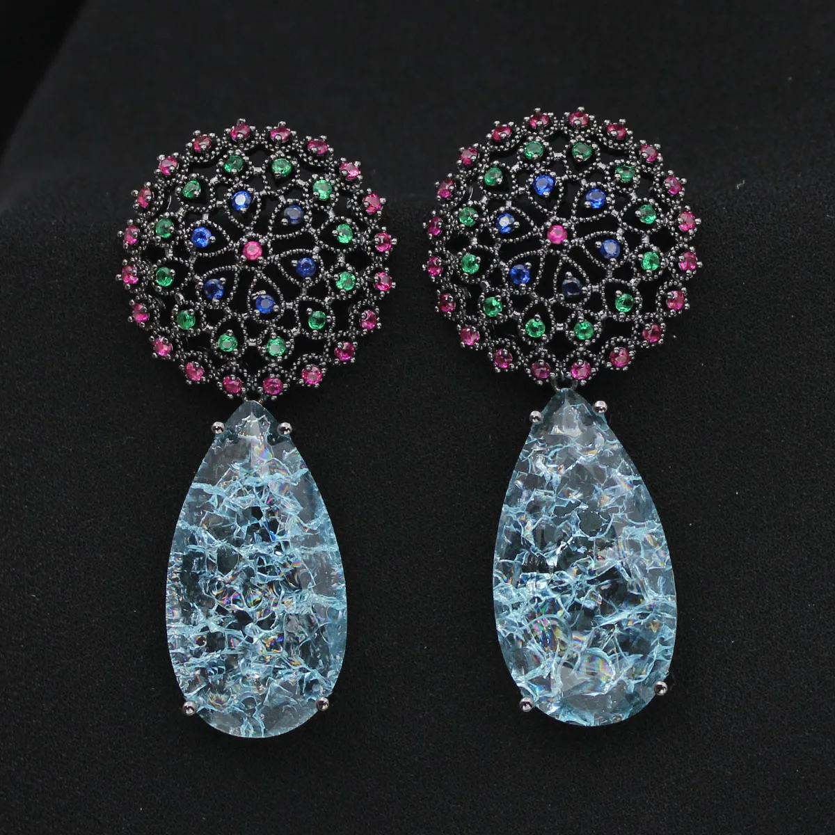 Fashion Round Flower Dangle Earrings for Women Evening Party Jewelry Light Blue Champagne Water Drop Earring Female Gift