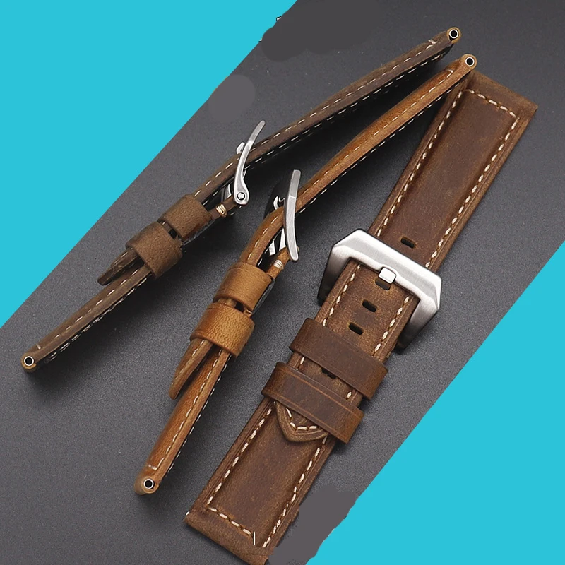 Suitable for Peinahai Watch Band Needle clasp Leather Men PAM111 441 Crazy Horse Leather Watch Band 20 | 22 | 24 | 26mm