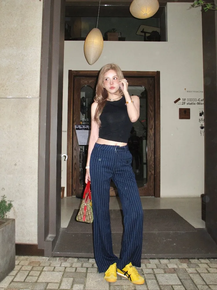 

MungsEra Low Waist Striped Loose Casual Pants for Women Summer Commute Sle Straight Leg Thin Model Hot Pants