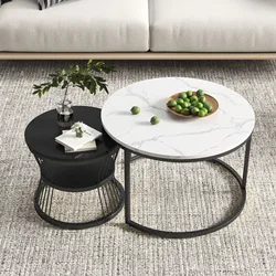 Couchtisch-Set mit 2 Stück, Beistelltisch-Set, Marmor-Furniermuster, Sofa-Beistelltische, runde Beistelltische, goldenes Gestell