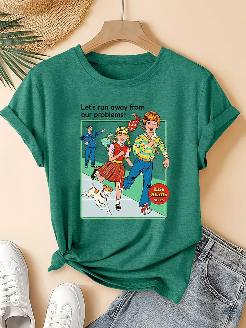 Cartoon Let's Run Away From Our Problems Comic Print T-Shirt Street Tshirt Fashion Aesthetic Tees High Quality Clothes Women