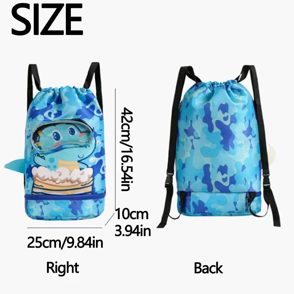 Bolsa de natación portátil con cordón, mochila de natación para niños con doble hombro de dibujos animados y compartimentos para zapatos, resistente al agua