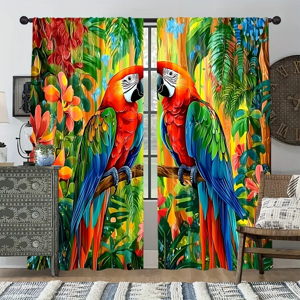 2 Panels Colorful Parrot Printed Curtains, Tropical Macaw Bird Forest Window Drapes for Living Room Bedroom Home Decor