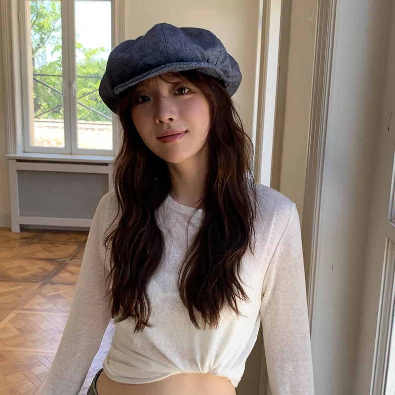 

New Spring and Autumn Large Version Cloud Berets Korean Solid Color Casual Versatile Soft Brim Octagonal Painter Hat for Women's