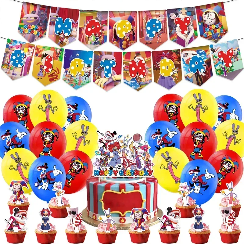 Hot The Amazing Digital Circus Party dinnerware Disposable Banner Cake Topper Flag Digital Circus Balloons Birthday Decoration