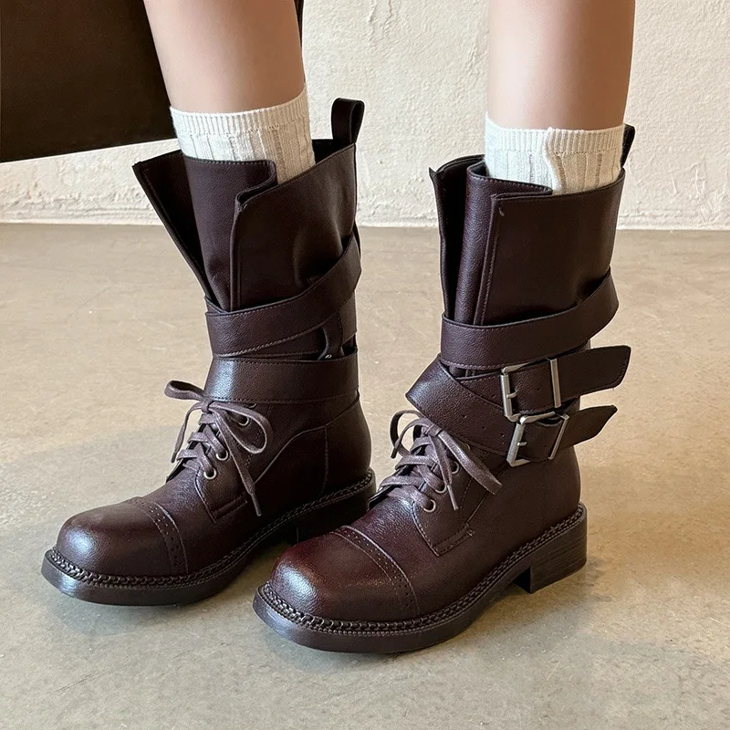 

Arden Furtado 2025 Autumn Belt buckle cowhide Riding boots Round toe Lace up Middle heel Mid-Calf boots Large size Boots