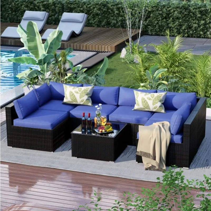 

7 Pieces Patio Furniture Set - Outdoor Sectional Wicker Rattan Furniture with Cushion