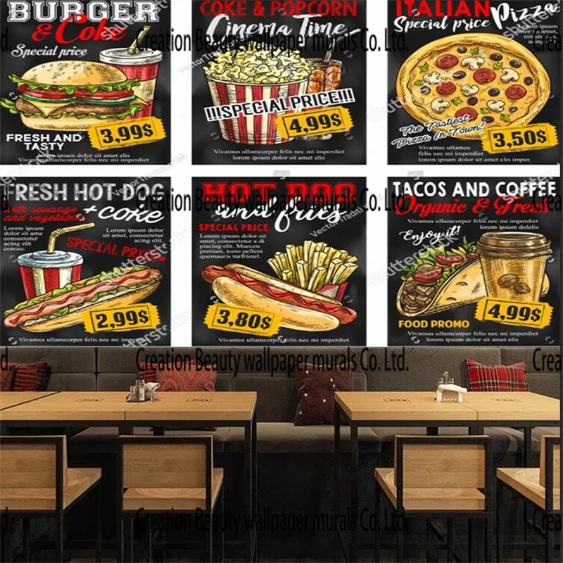 

Burger Taco Pizza Hot Dog Soda Snack Bar Menu Custom Mural Wall Paper for Fast Food Restaurant Industrial Decor Wallpaper 3D