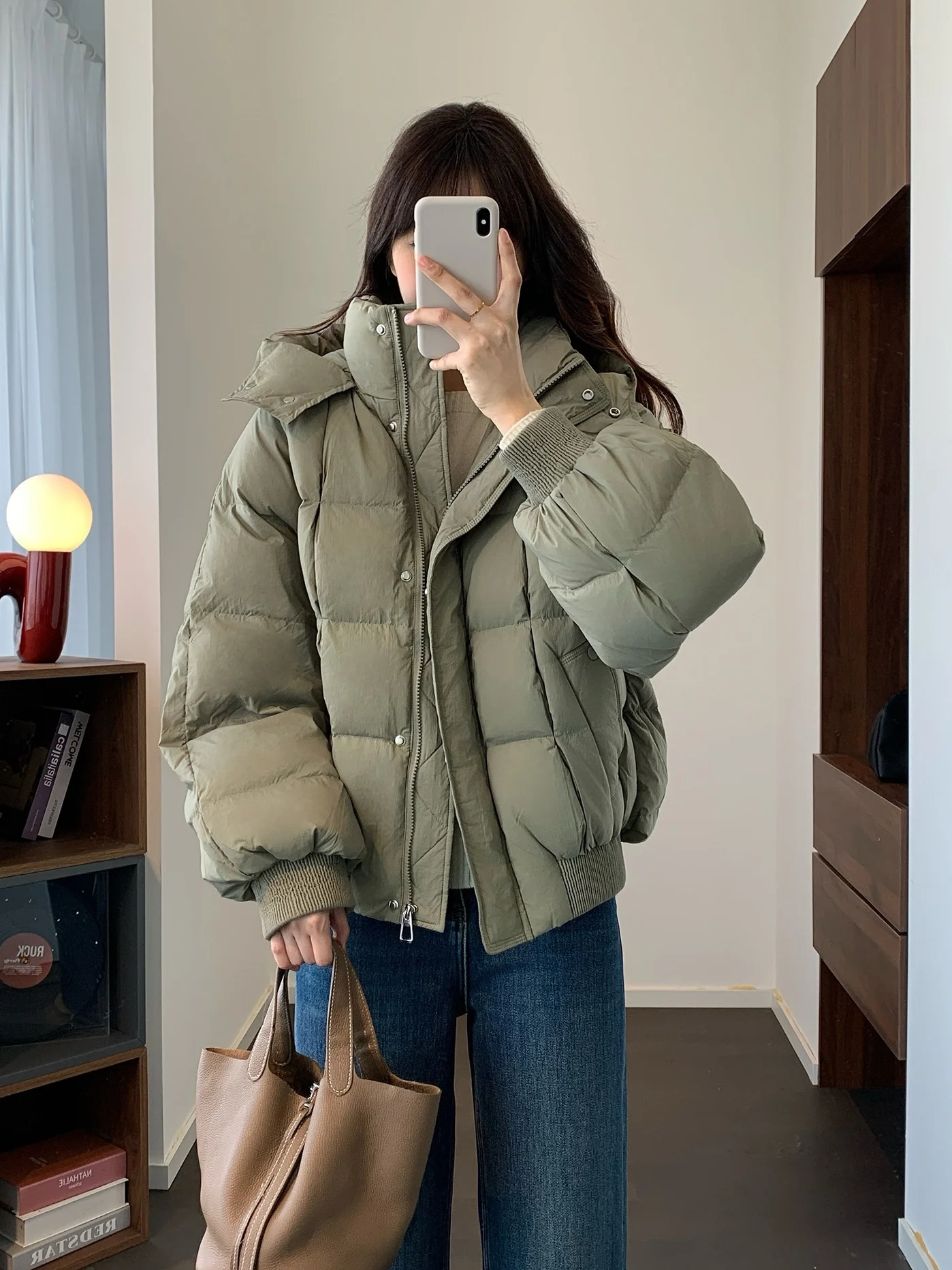 

Warmth Du down Puffer Jaet Square ids Pleated Stand Collar Hooded Coat Anti-Aging Bread Sle Outerwear Women's Faion