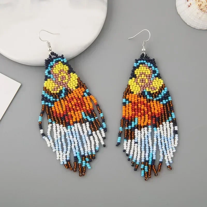 Beaded earrings Tassel Sanduo Flowers Design Originality Female Bohemia Hand knitting Alloy Tide Simple Rice bead earrings