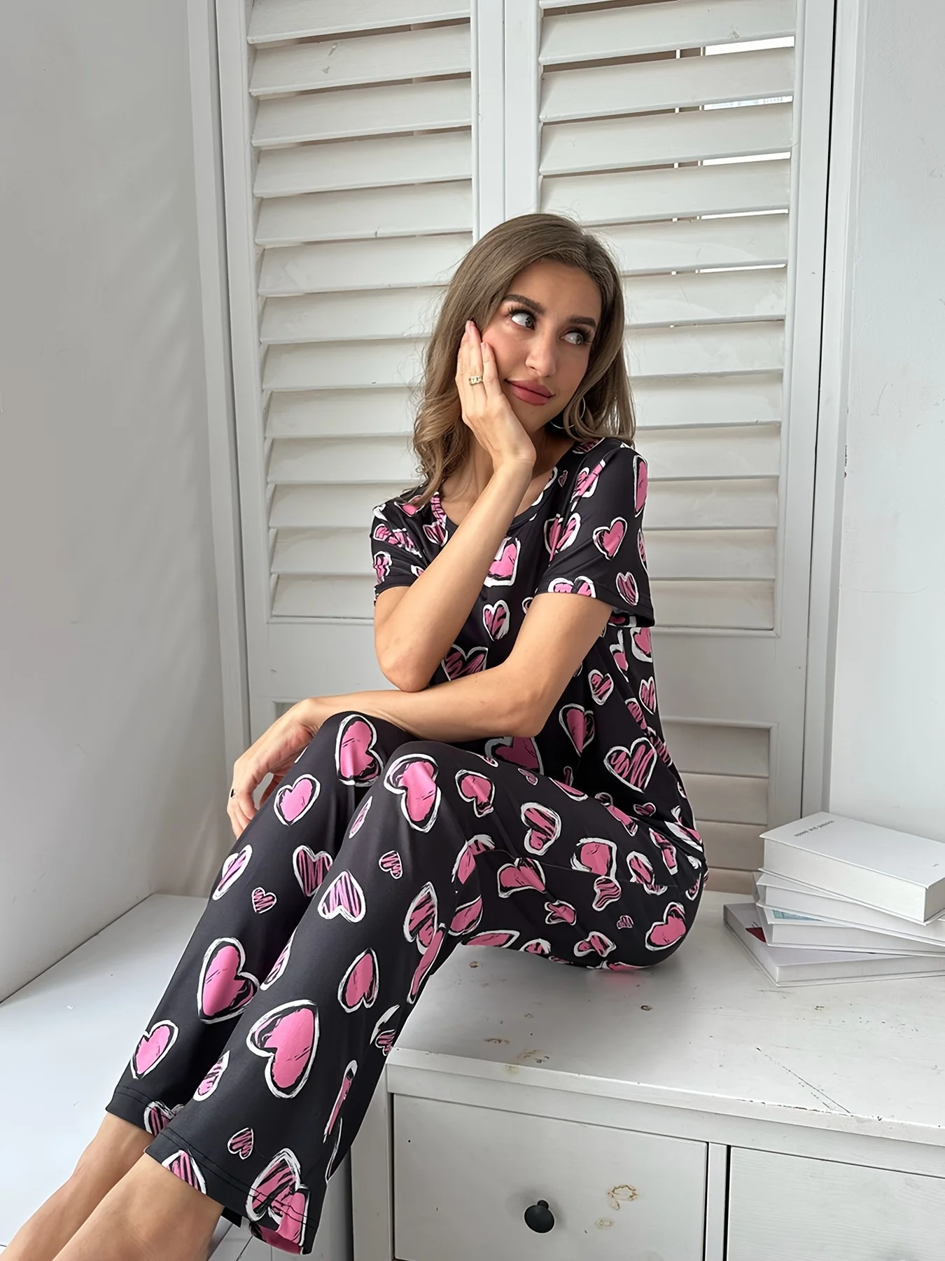 2-Pack المرأة أربعة مواسم الربيع والصيف عادية رومانسية لطيف على شكل قلب طباعة لطيف قصيرة الأكمام السراويل دعوى #3