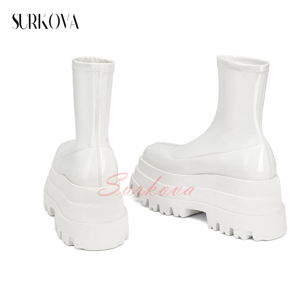 Women\'s Solid Color Patent Leather Platform Boots Round Toe Slip On Ankle Boots Ladies Fashion Boots Casual Shoes for Women New