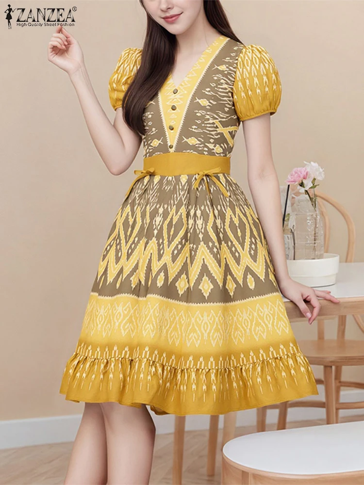 ZANZEA Elegant Printed Dresses Women Summer Short Puff Sleeve Party Fashion Sundress 2025 Vintage V-Neeck Ruffled A-Line Robe