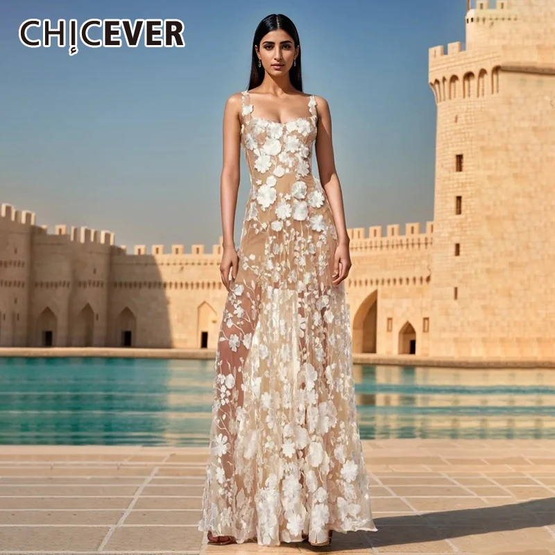 

CHICEVER Elegant Lace Evening Dresses For Women Square Collar Sleeveless High Waist Embroidery Camisole Long Dress Female Summer