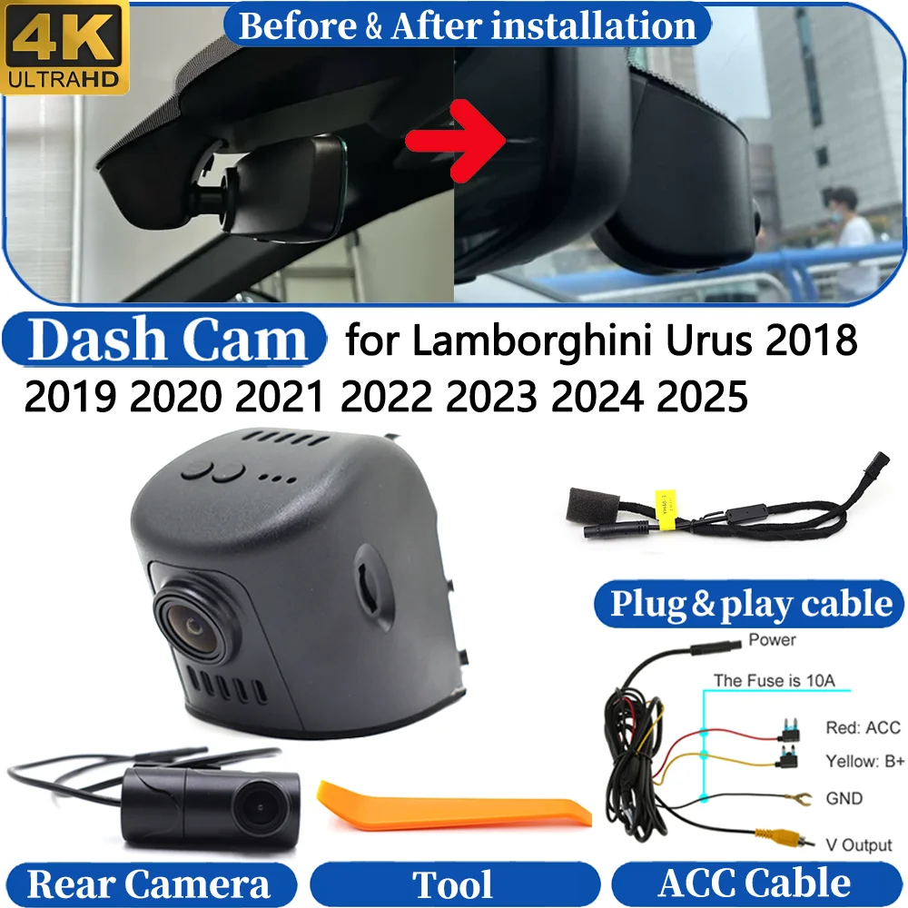Dash Cam for Lamborghini Urus 2018 2019 2020 2021 2022 2023 2024 2025 Front＆Rear 4K DVR Dashboard Camera Video Drive Recorder