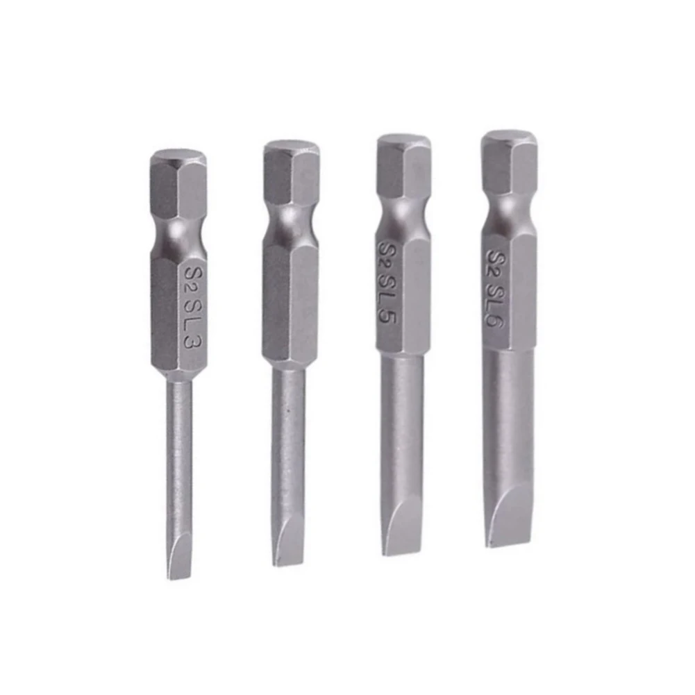 4Pcs 50mm Slotted Screwdriver Bits Flat Head 1/4in Hex Shank SL3 SL4 SL5 SL6 Alloy Steel For Drill Driver And Pneumatic Tools