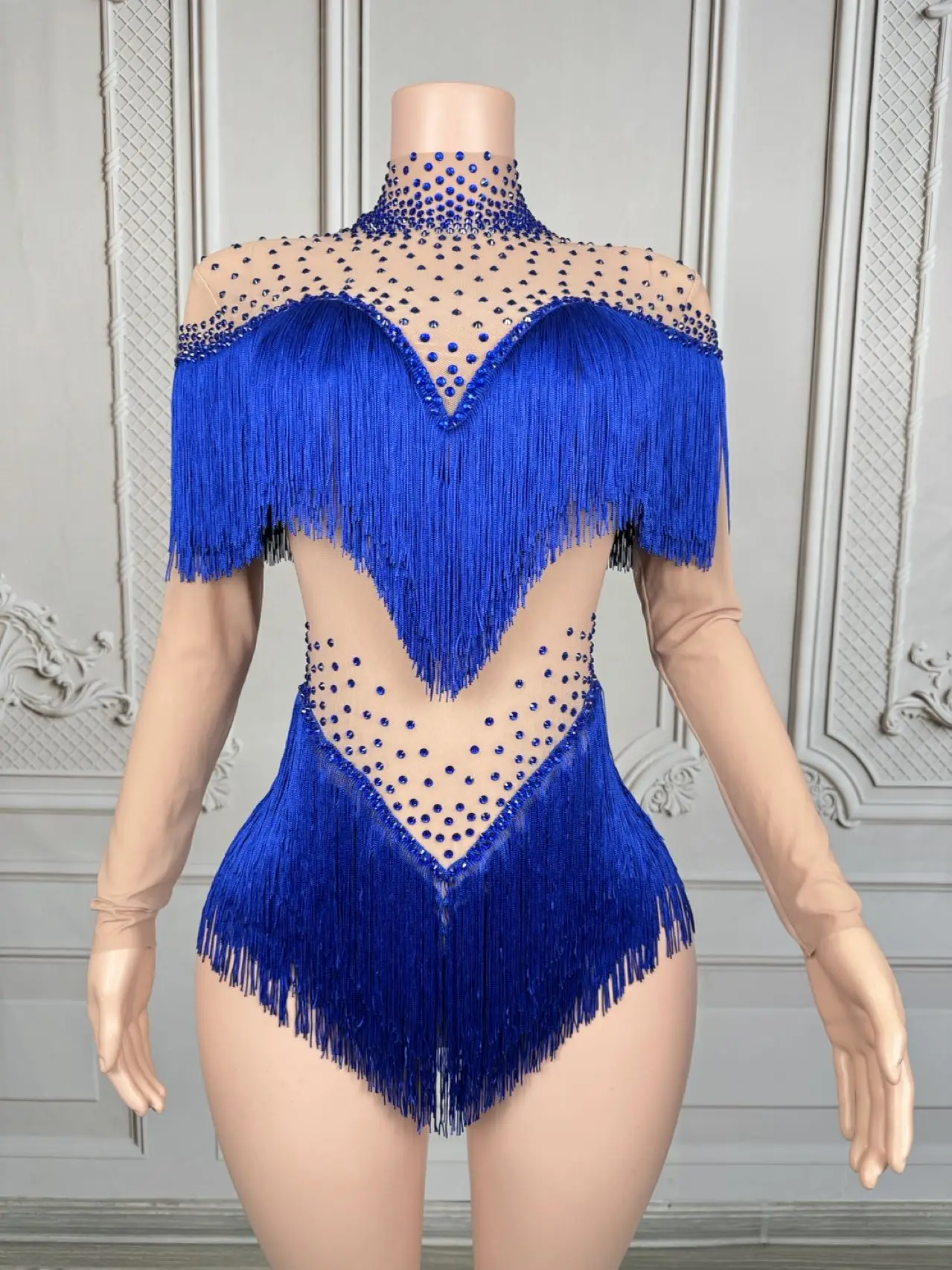 

Модный женский комбинезон-шорты Guobinfen синий с стразами и бахромой, сценический костюм для выступлений, высокоэластичная одежда больших размеров