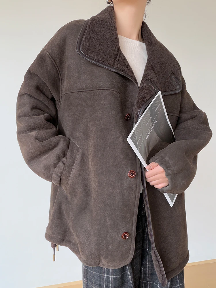 High-End-Luxus-Merin-Schaffell-Wildlederjacken für Damen, 2022, neuer einfacher Vintage-Winter-Echtleder-Echtpelz-Lammfellmantel