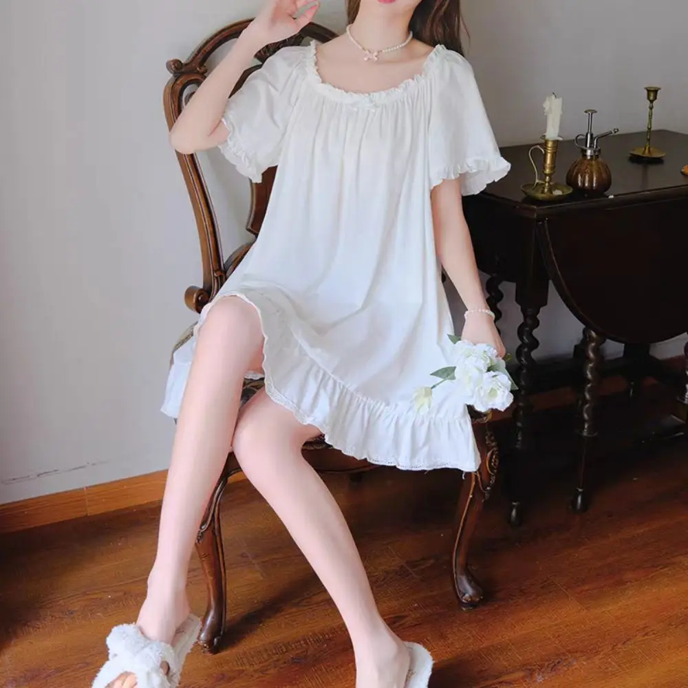 

Sweet Bowknot Women's Pajama Dress Loose Short Sleeve Ruffle Nightdress Sleepwear Home Wear Princess Nightgown Home