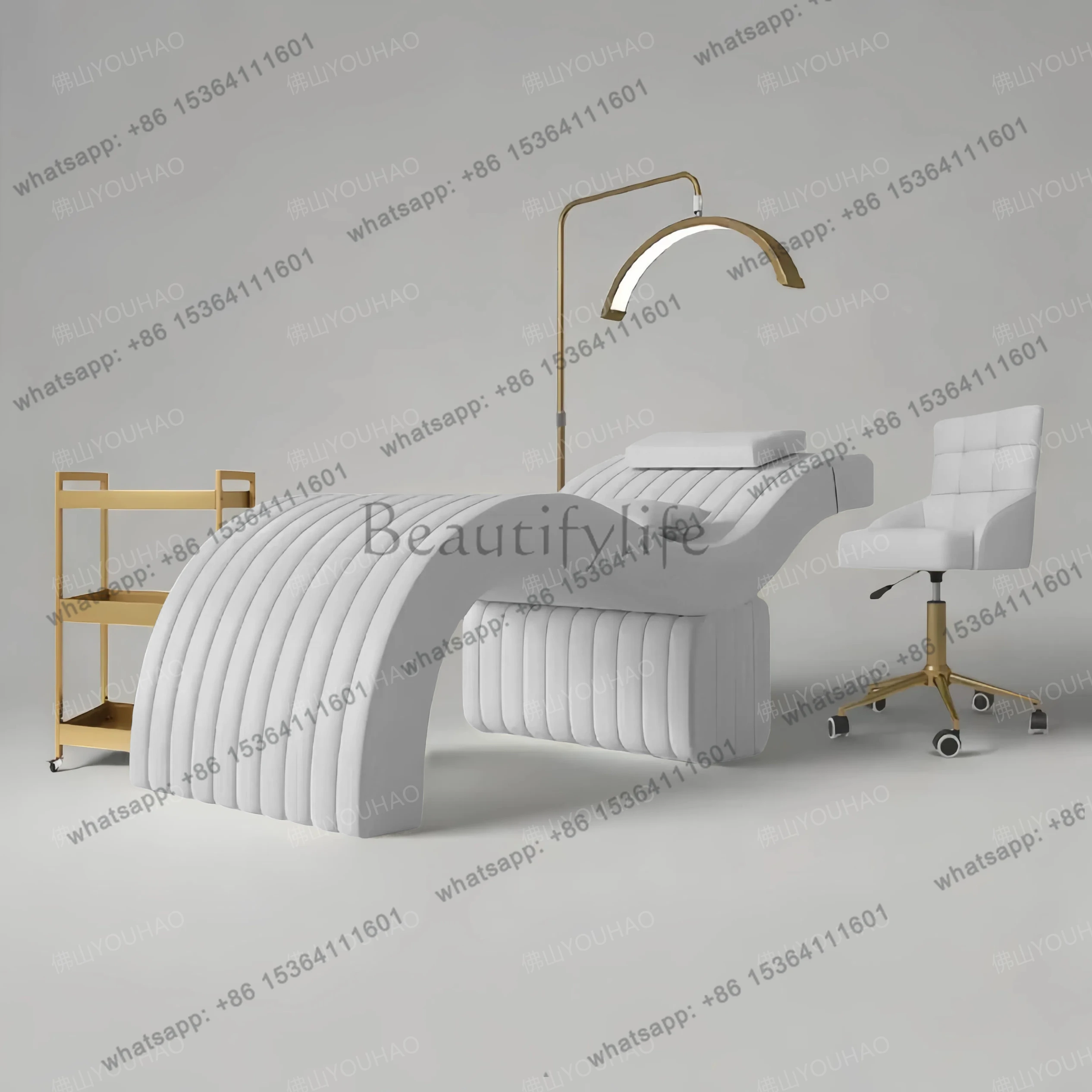 

Белая кожаная кушетка для наращивания ресниц S-образной формы, изогнутый дизайн, с вышивкой, для маникюра, педикюра и ухода за лицом, специально для салонов красоты.