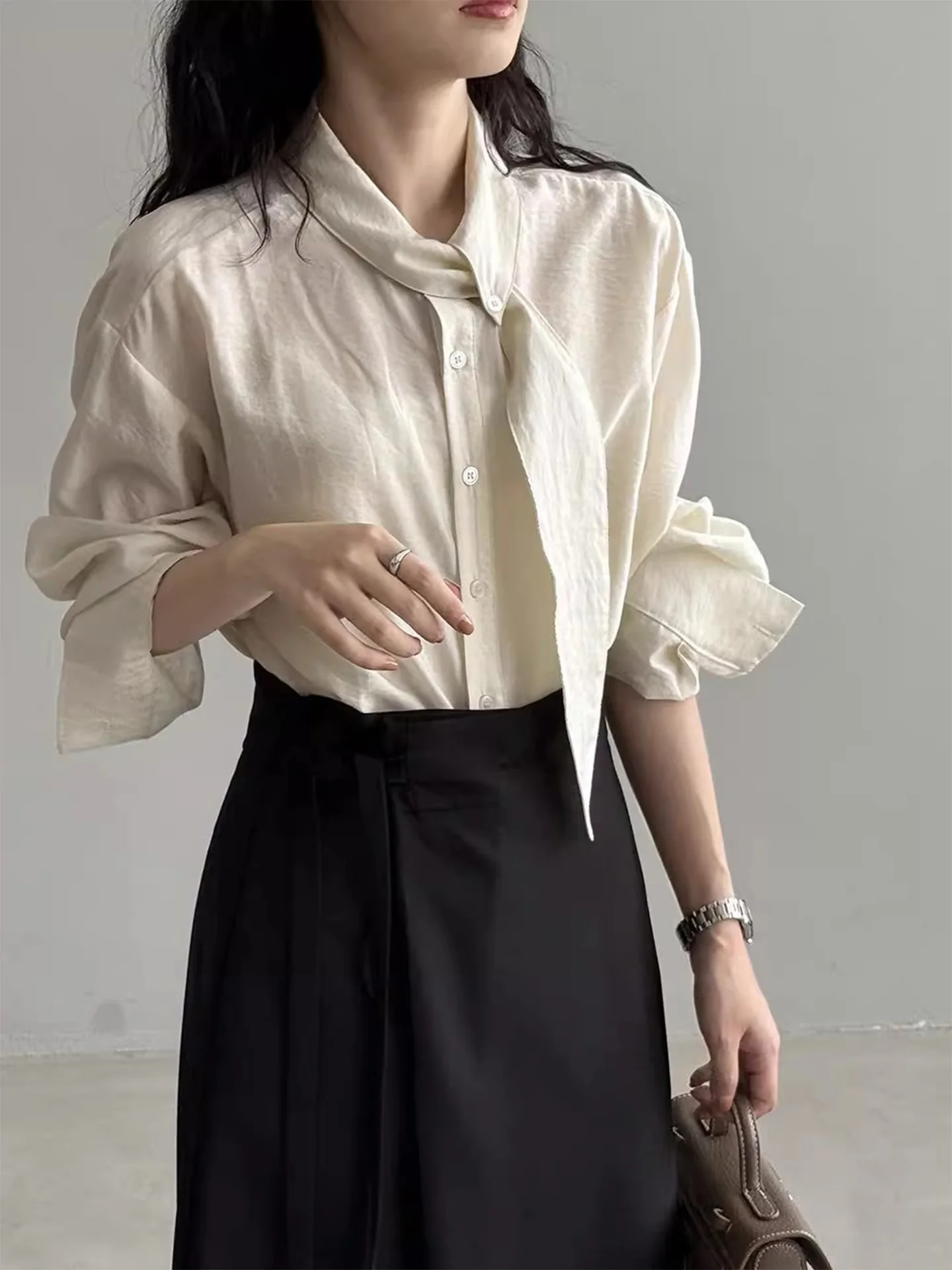 Korean Sle Long Sve irt Women's Spring Autumn Commuter Loose Scarf Collar Casual Slimming Versatile Top Trendy