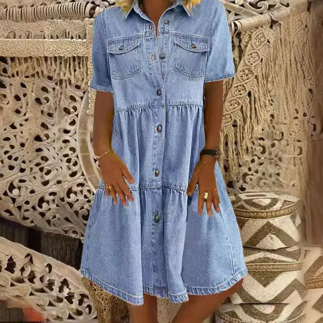 Spring Summer Make Old Denim Dresses for Women Casual ShirtDress Loose Short Sleeve Single-breasted Dress Korean Womens Dress