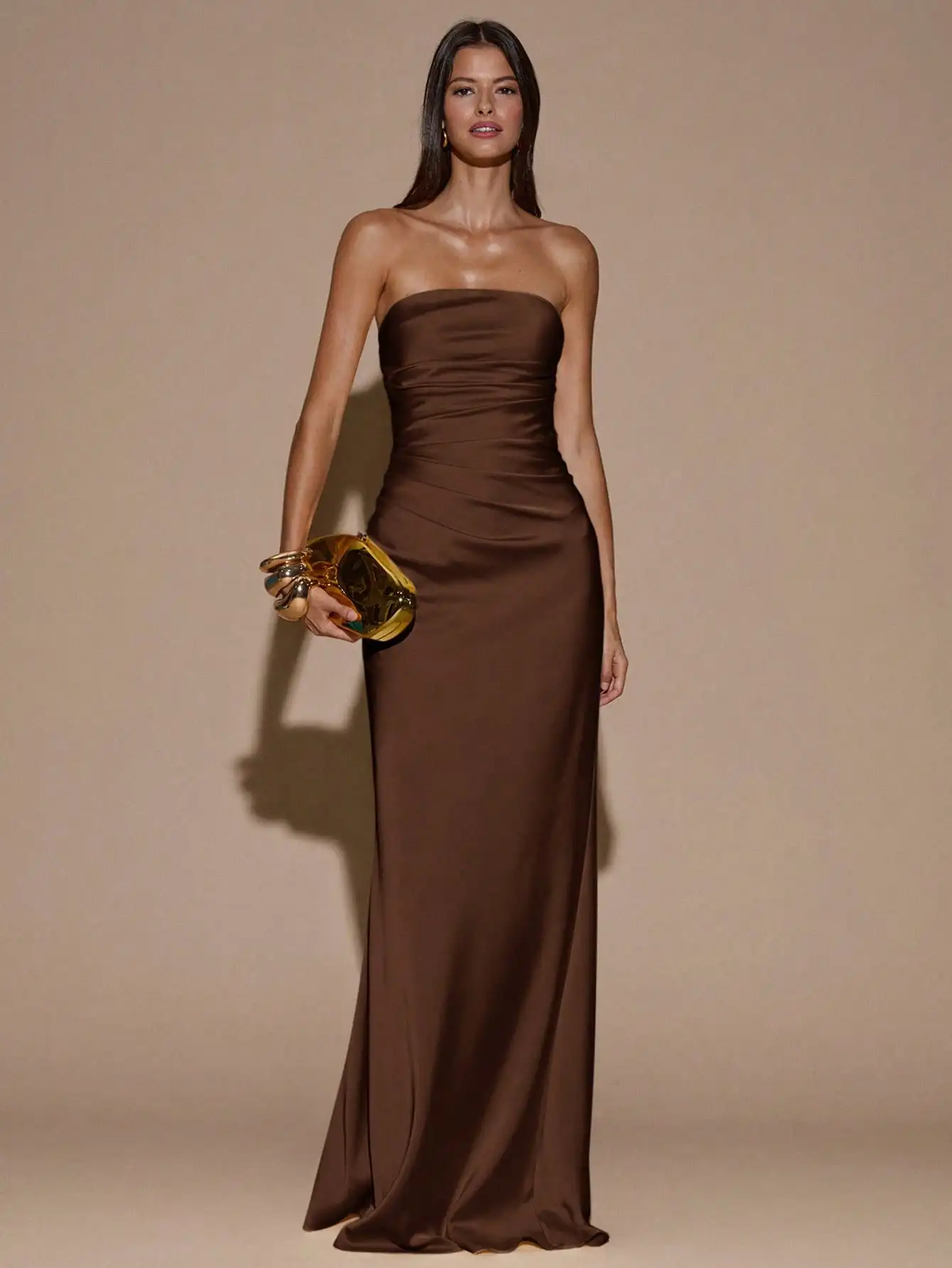 Rich Brown Satin Strapless Maxi Dress With Ruched Bodice, Perfect For Formal Events, Cocktail Parties, Weddings, And Evening