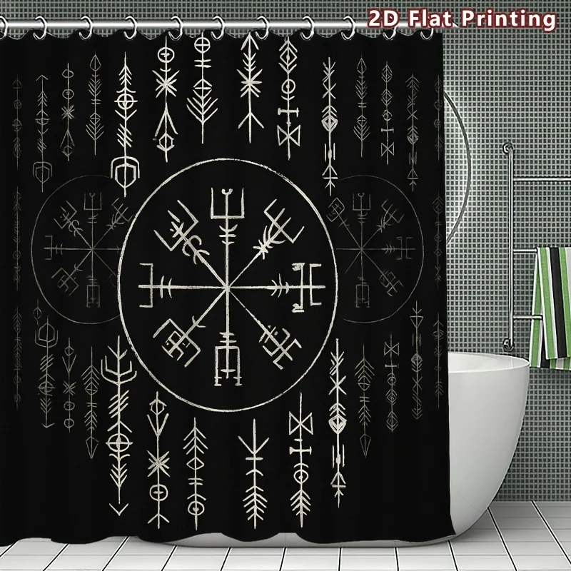 4pc 2D Flat Nordic Compass Shower Curtain Set, White Runes & Arrows Pattern, Traditional Nordic Home Bathroom Decor