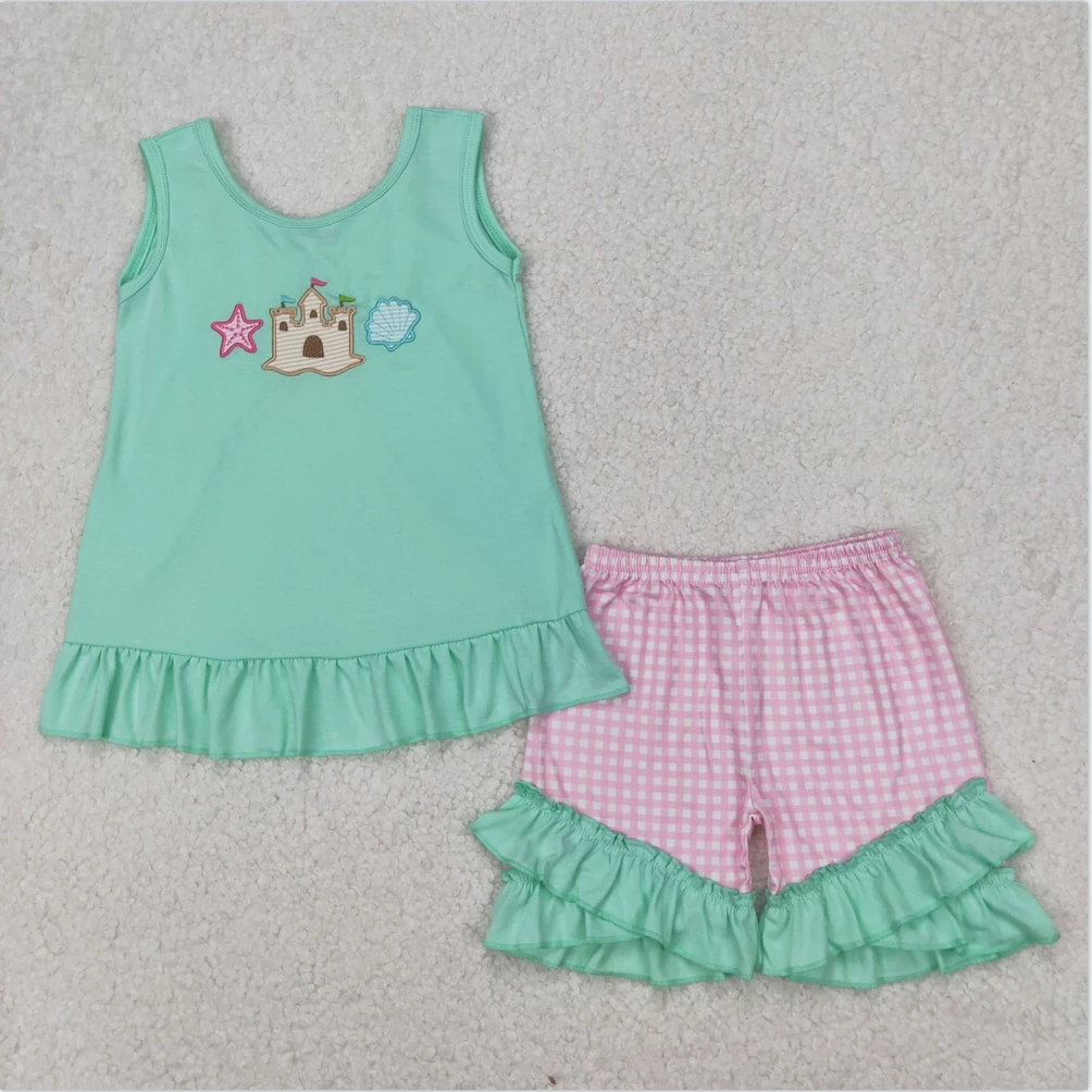 

wholesale children's clothing short sleeved Embroidery Baby Girls Castle Star Bows Tunic Ruffle Shorts Sets