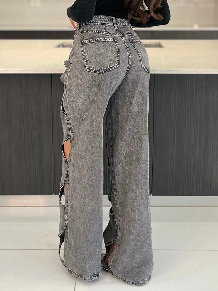 DEAT Trendy New Items Women\'s Hollow Out Elastic Straight Jeans 2024 Spring Fashion High Waist Buttons Denim Pants Female 33A691