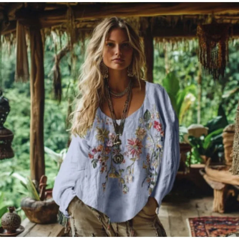 

New Arrival Women's Bohemian Printed Tops, Vintage Round Neck Long Sleeve Boho Blouse for Ladies